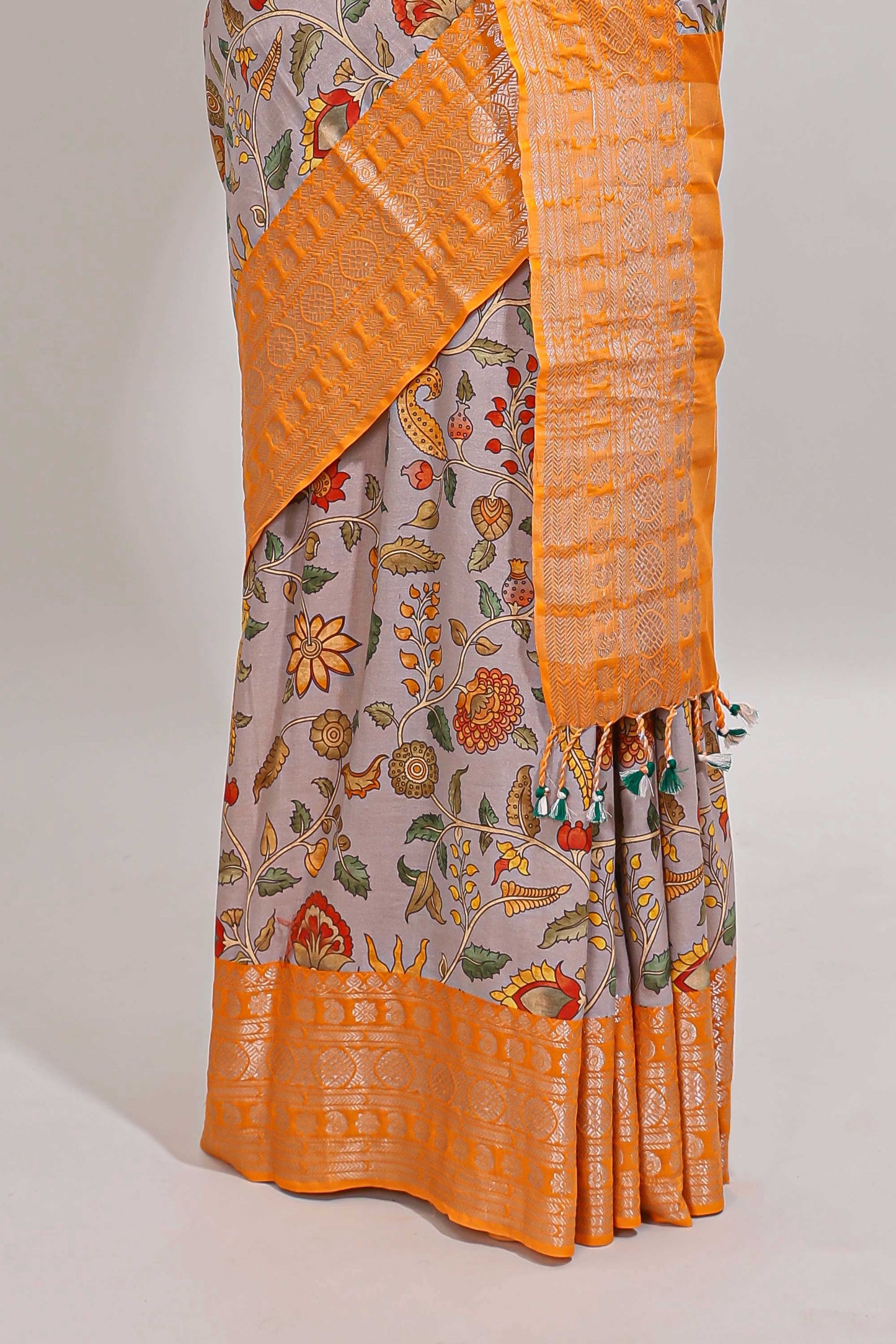 Grey kalamkari style chirala cotton saree with contrast zari border, striped pallu and printed blouse