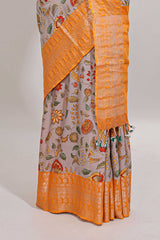 Grey kalamkari style chirala cotton saree with contrast zari border, striped pallu and printed blouse