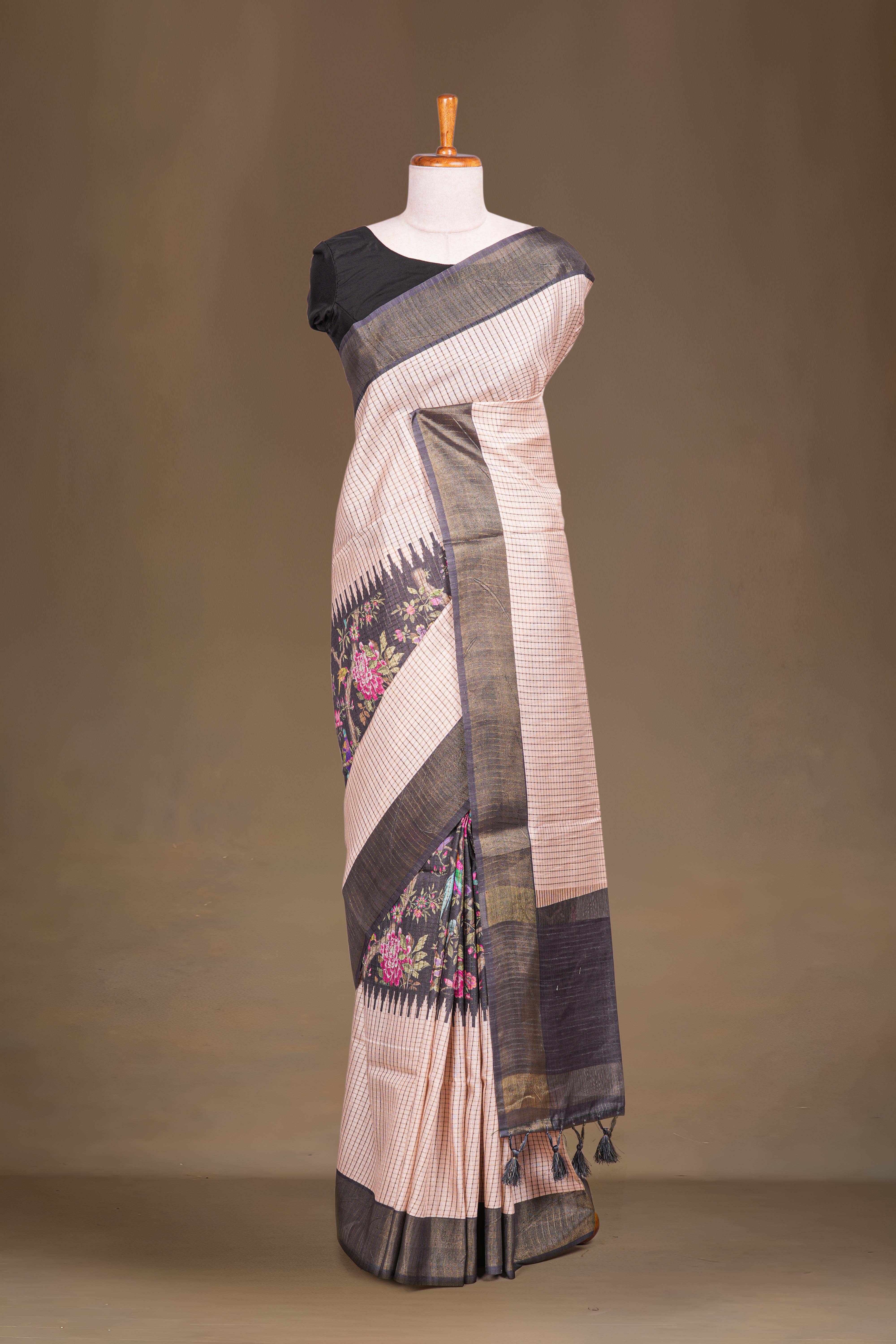 Sandal Art Tussar Saree Check s With Floral Design Across The Body Contrast Pallu With Blouse