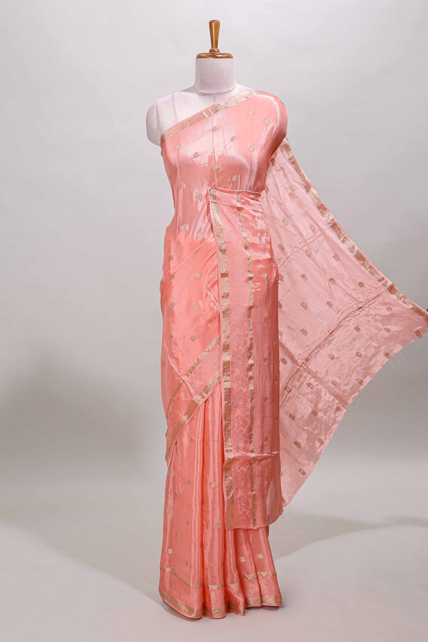 Peach zari butta dola silk saree with self zari border and matching blouse