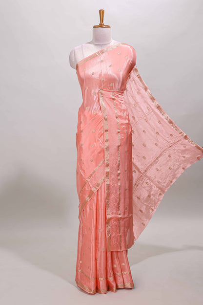 Peach zari butta dola silk saree with self zari border and matching blouse