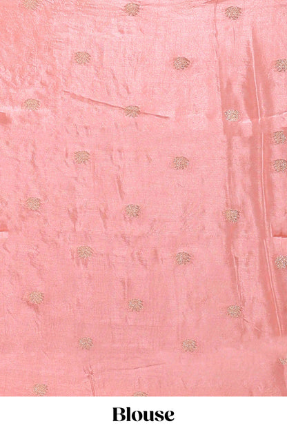 Peach zari butta dola silk saree with self zari border and matching blouse