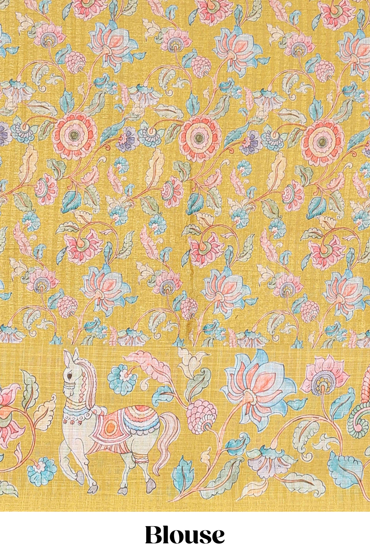 Lemon yellow linen tussar kalamkari style saree with animal floral border and pallu