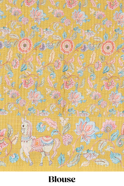 Lemon yellow linen tussar kalamkari style saree with animal floral border and pallu