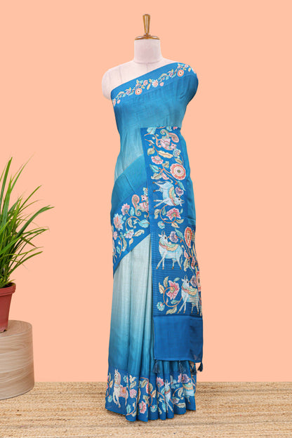 Blue linen tussar saree with kalamkari print, animal and floral motif pallu