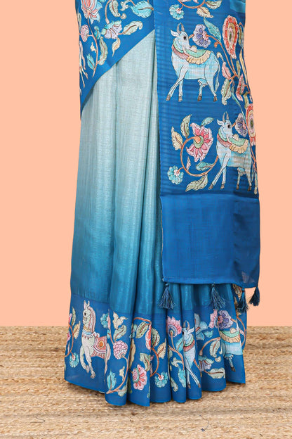 Blue linen tussar saree with kalamkari print, animal and floral motif pallu
