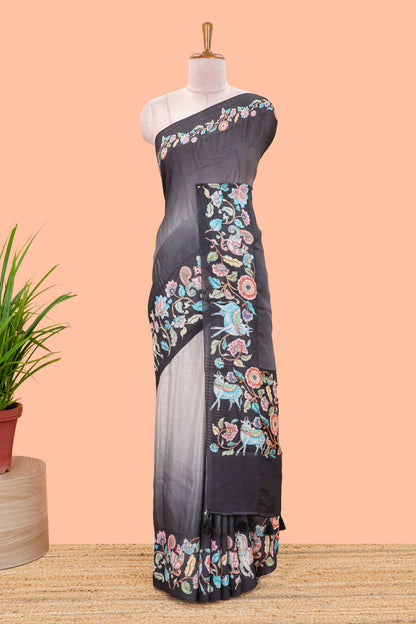 Black linen tussar saree with kalamkari print, animal and floral motif pallu