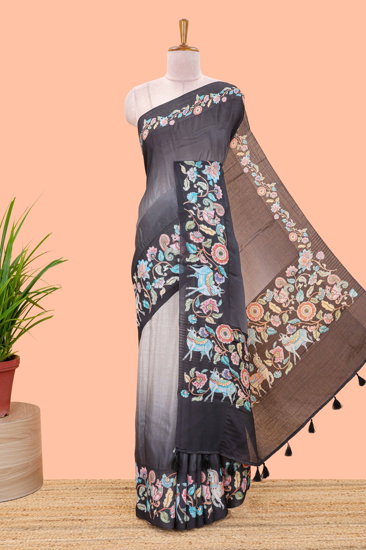 Black linen tussar saree with kalamkari print, animal and floral motif pallu