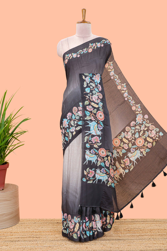 Black linen tussar saree with kalamkari print, animal and floral motif pallu