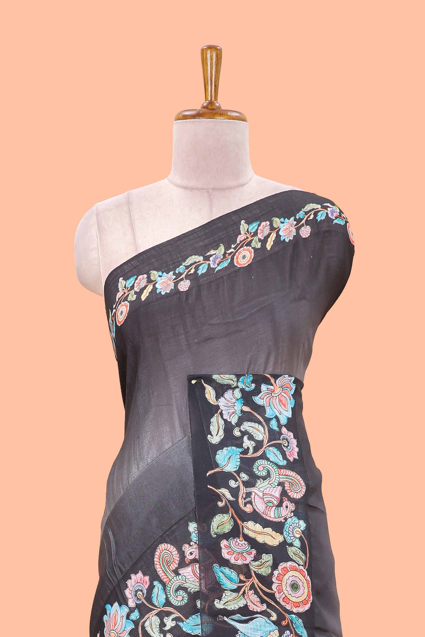 Black linen tussar saree with kalamkari print, animal and floral motif pallu