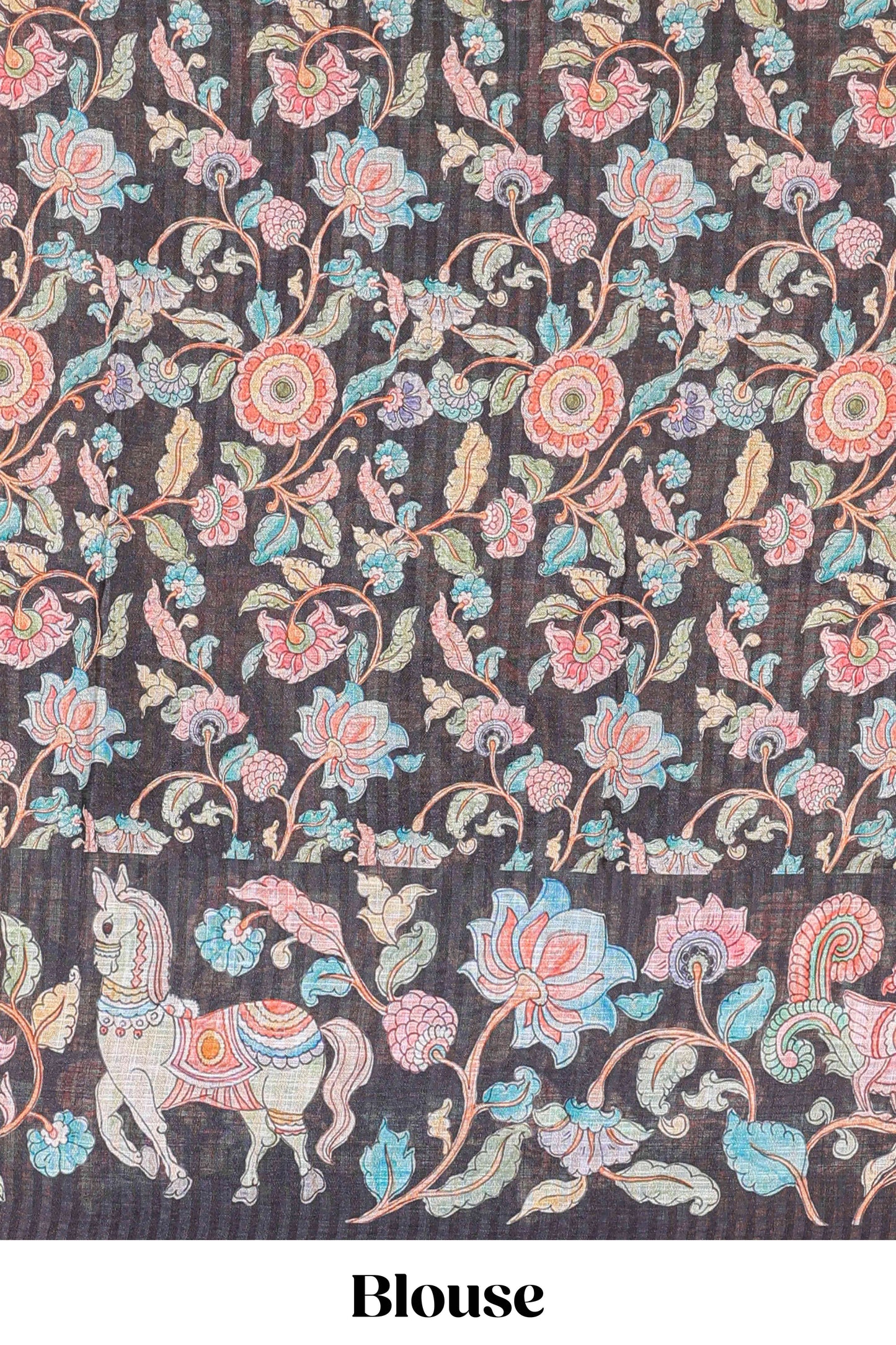 Black linen tussar saree with kalamkari print, animal and floral motif pallu