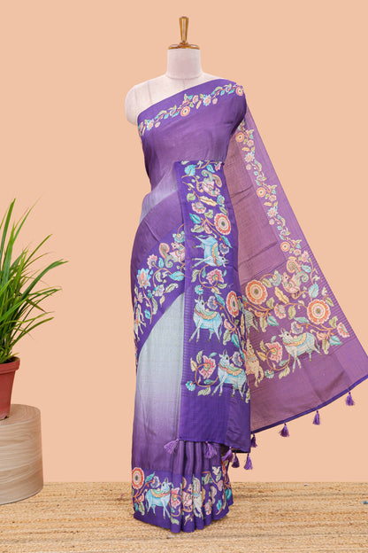 Purple linen tussar kalamkari style saree with animal floral border and pallu