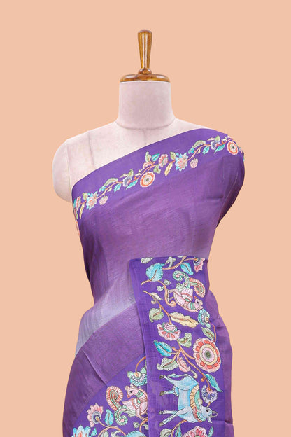 Purple linen tussar kalamkari style saree with animal floral border and pallu