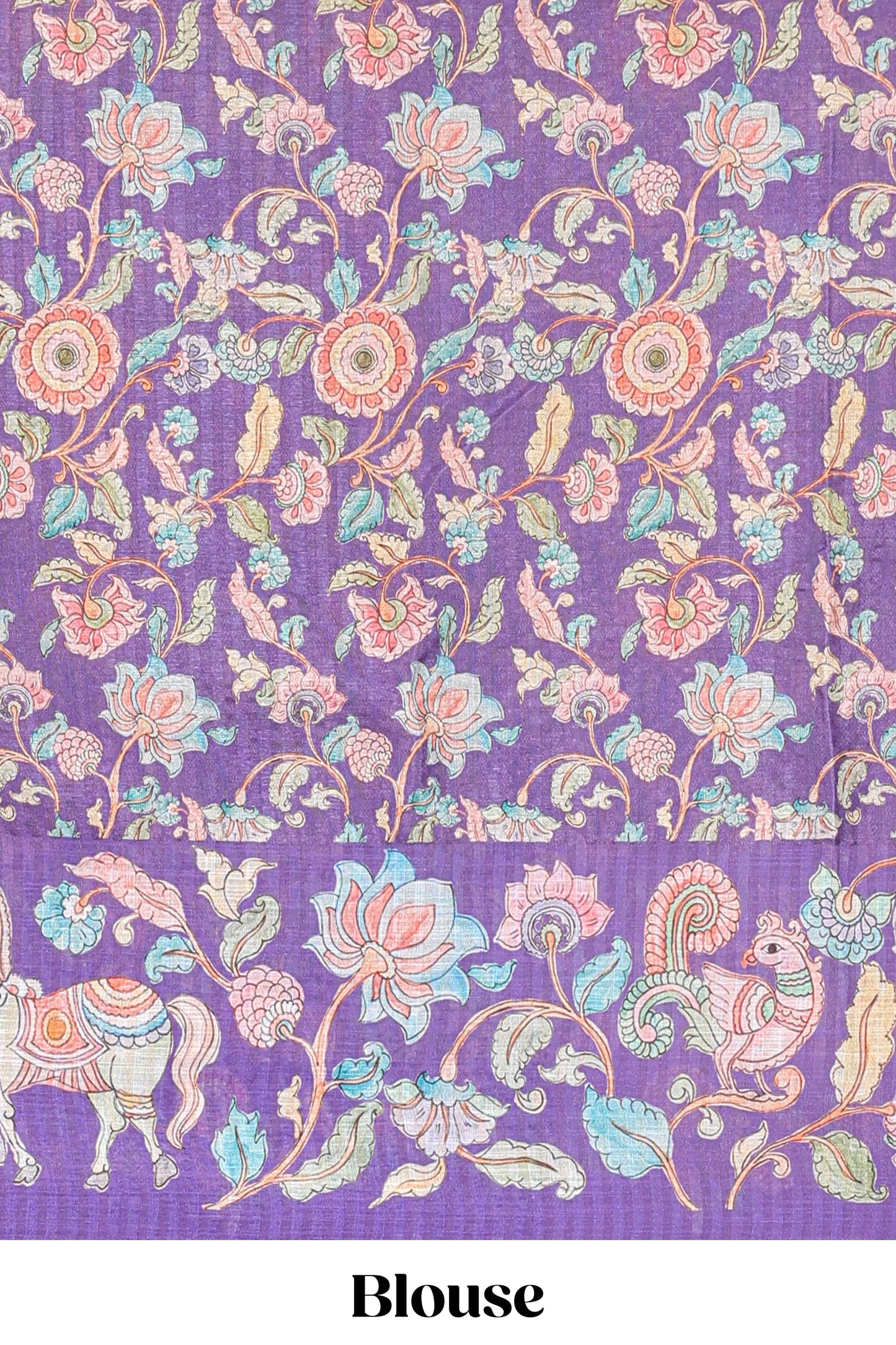 Purple linen tussar kalamkari style saree with animal floral border and pallu