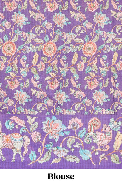 Purple linen tussar kalamkari style saree with animal floral border and pallu