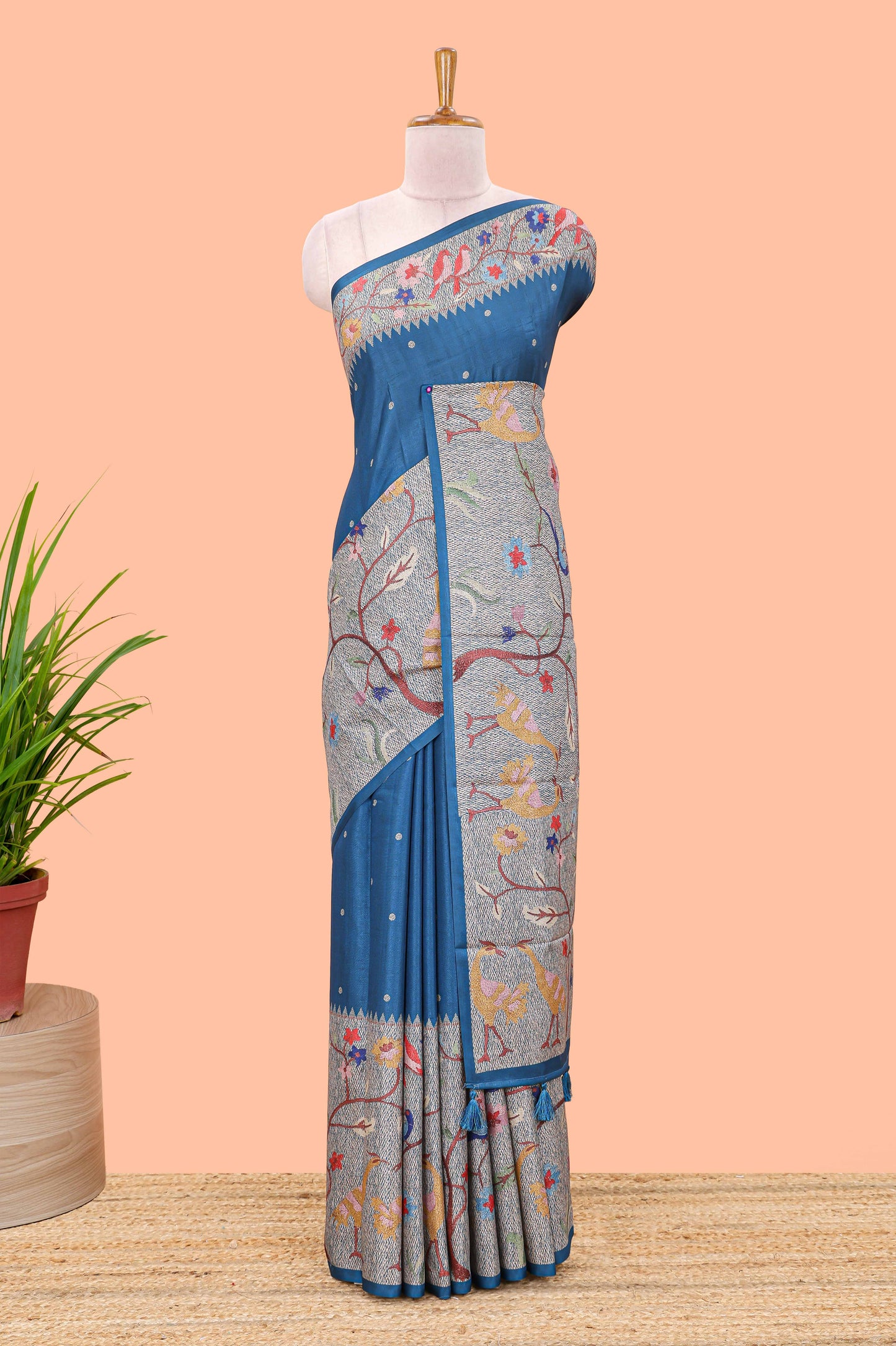 Blue art tussar silk saree with traditional dot print and paithani-style floral and animal motifs