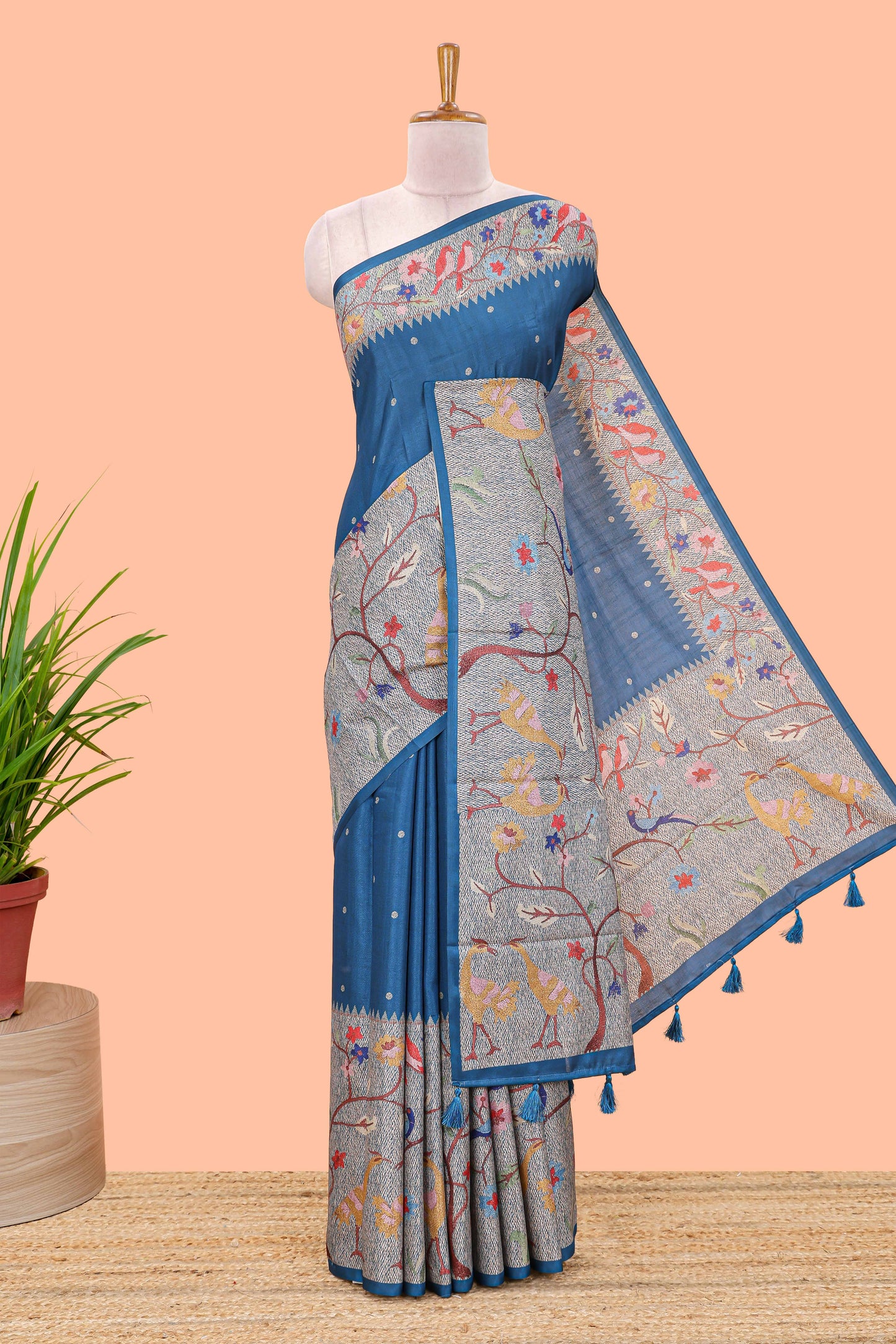 Blue art tussar silk saree with traditional dot print and paithani-style floral and animal motifs