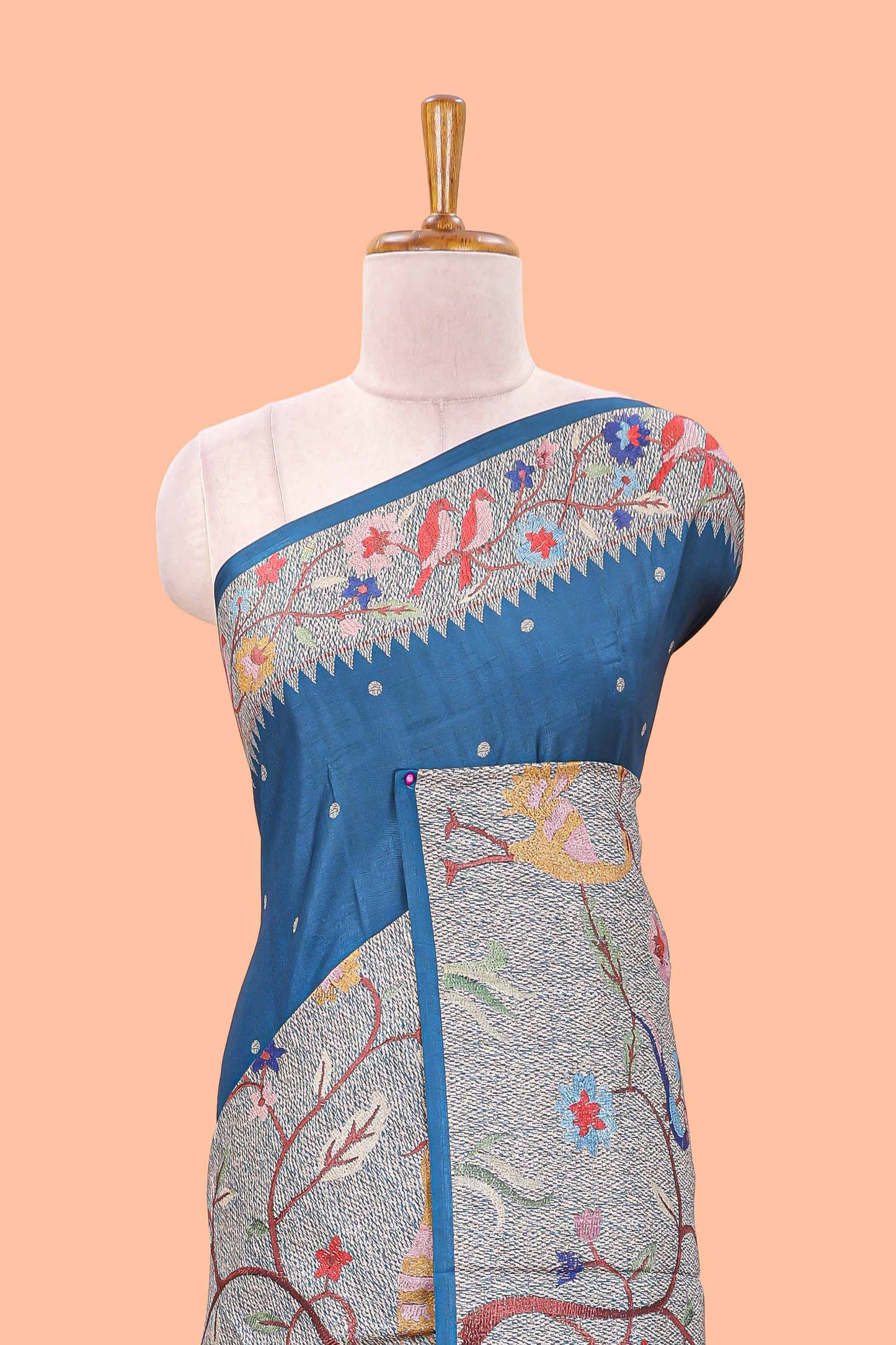 Blue art tussar silk saree with traditional dot print and paithani-style floral and animal motifs