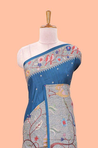 Blue art tussar silk saree with traditional dot print and paithani-style floral and animal motifs