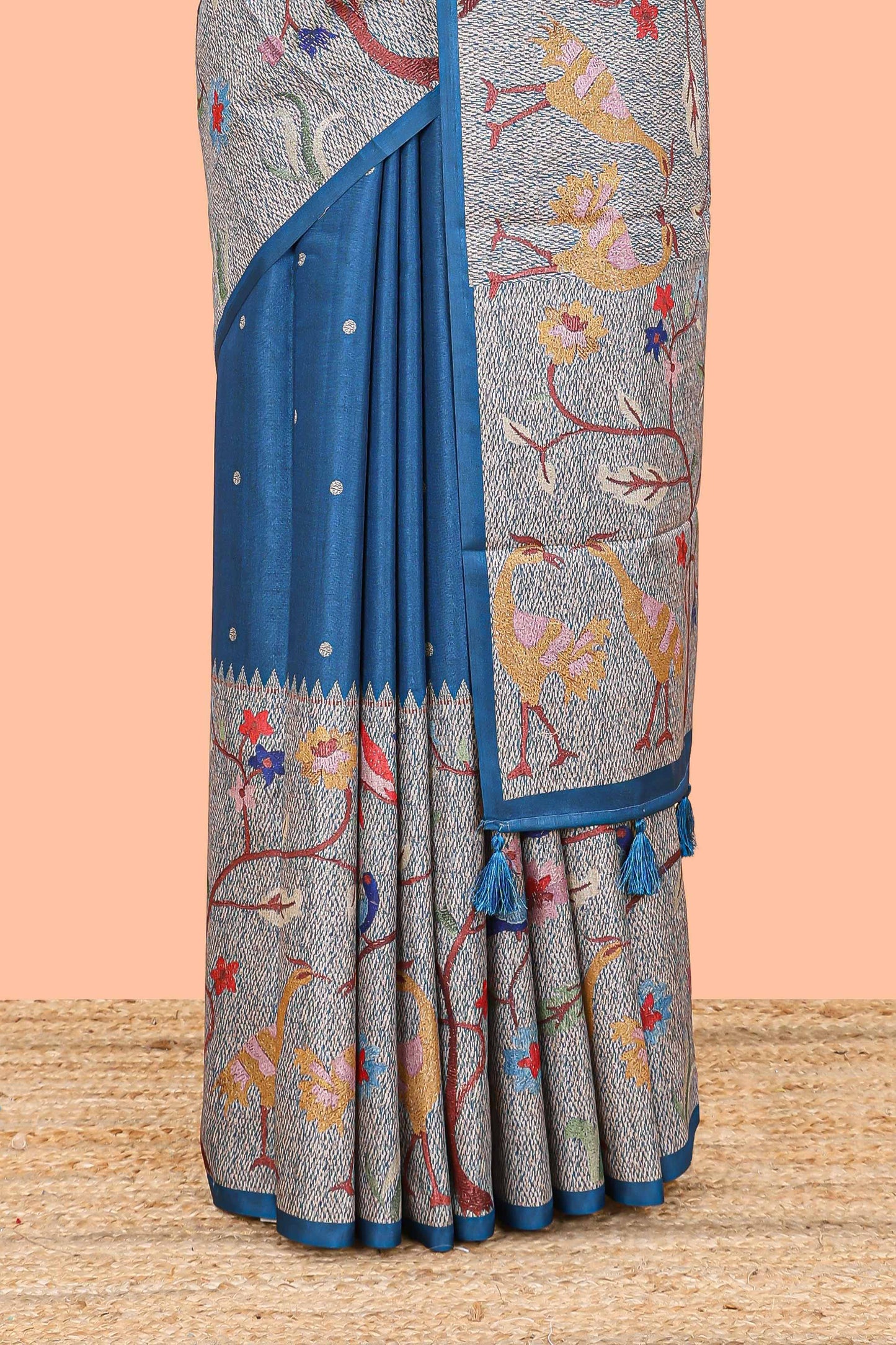 Blue art tussar silk saree with traditional dot print and paithani-style floral and animal motifs