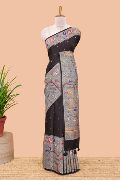 Black art tussar silk saree with traditional dot print and paithani-style floral and animal motifs