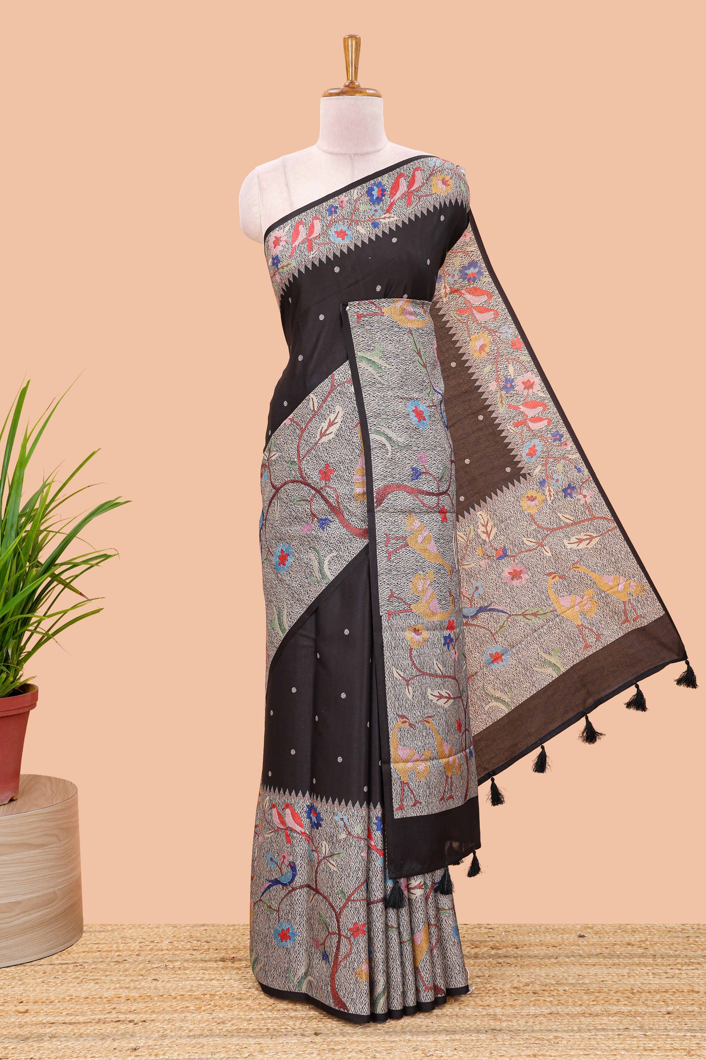 Black art tussar silk saree with traditional dot print and paithani-style floral and animal motifs