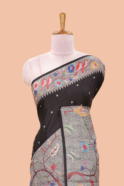 Black art tussar silk saree with traditional dot print and paithani-style floral and animal motifs