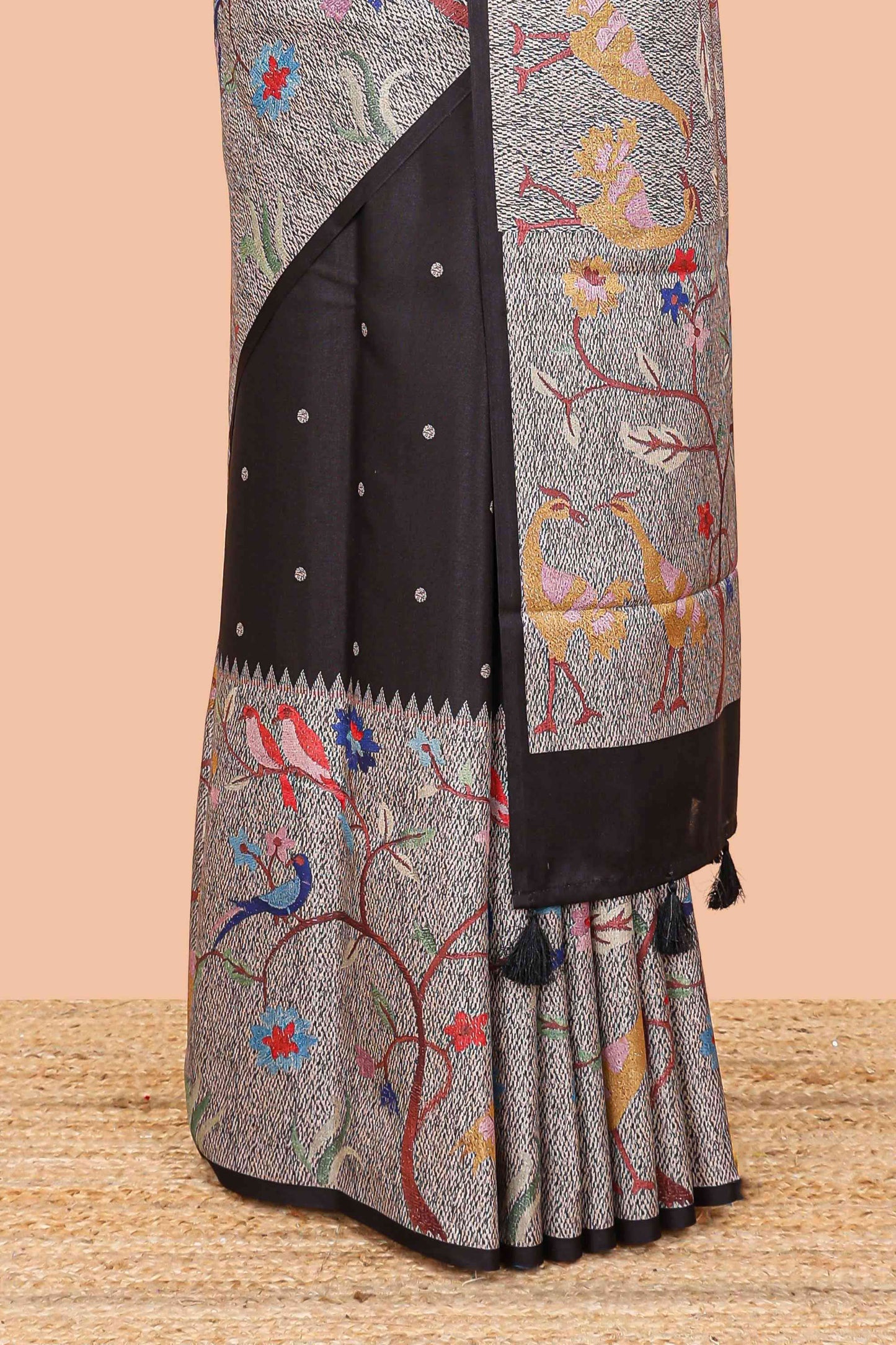 Black art tussar silk saree with traditional dot print and paithani-style floral and animal motifs