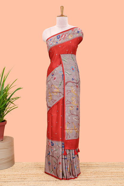 Red art tussar silk saree with traditional dot print and paithani-style floral and animal motifs