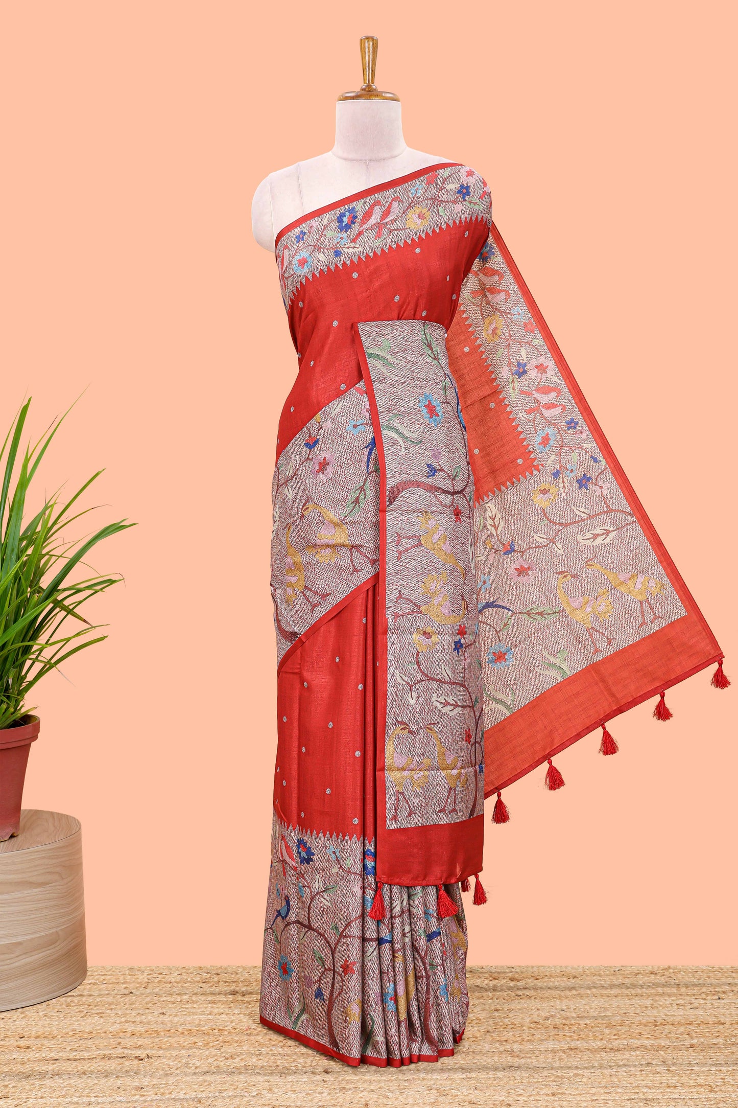 Red art tussar silk saree with traditional dot print and paithani-style floral and animal motifs