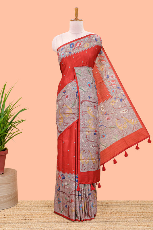 Red art tussar silk saree with traditional dot print and paithani-style floral and animal motifs
