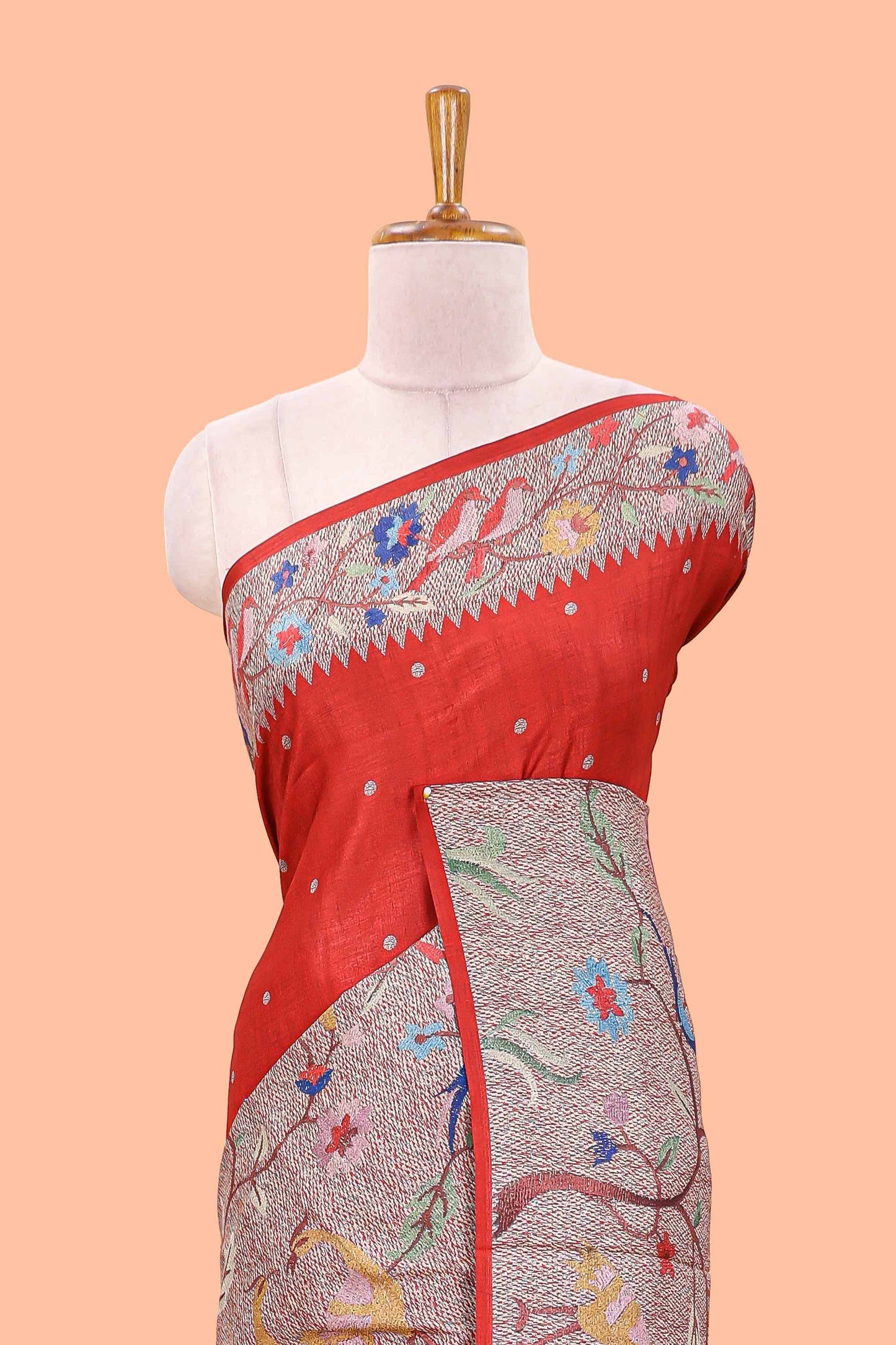 Red art tussar silk saree with traditional dot print and paithani-style floral and animal motifs