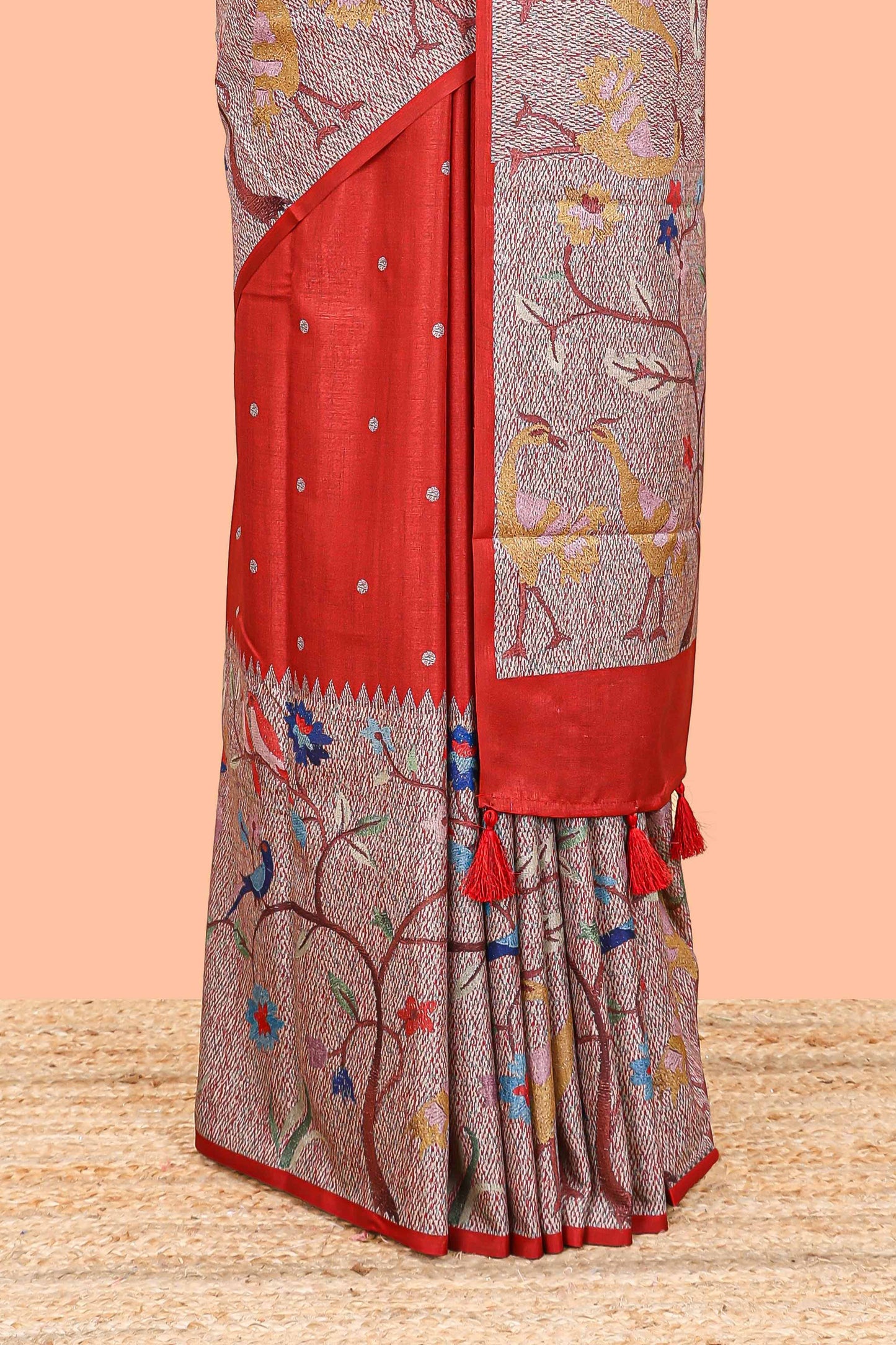 Red art tussar silk saree with traditional dot print and paithani-style floral and animal motifs