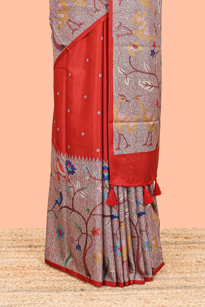 Red art tussar silk saree with traditional dot print and paithani-style floral and animal motifs