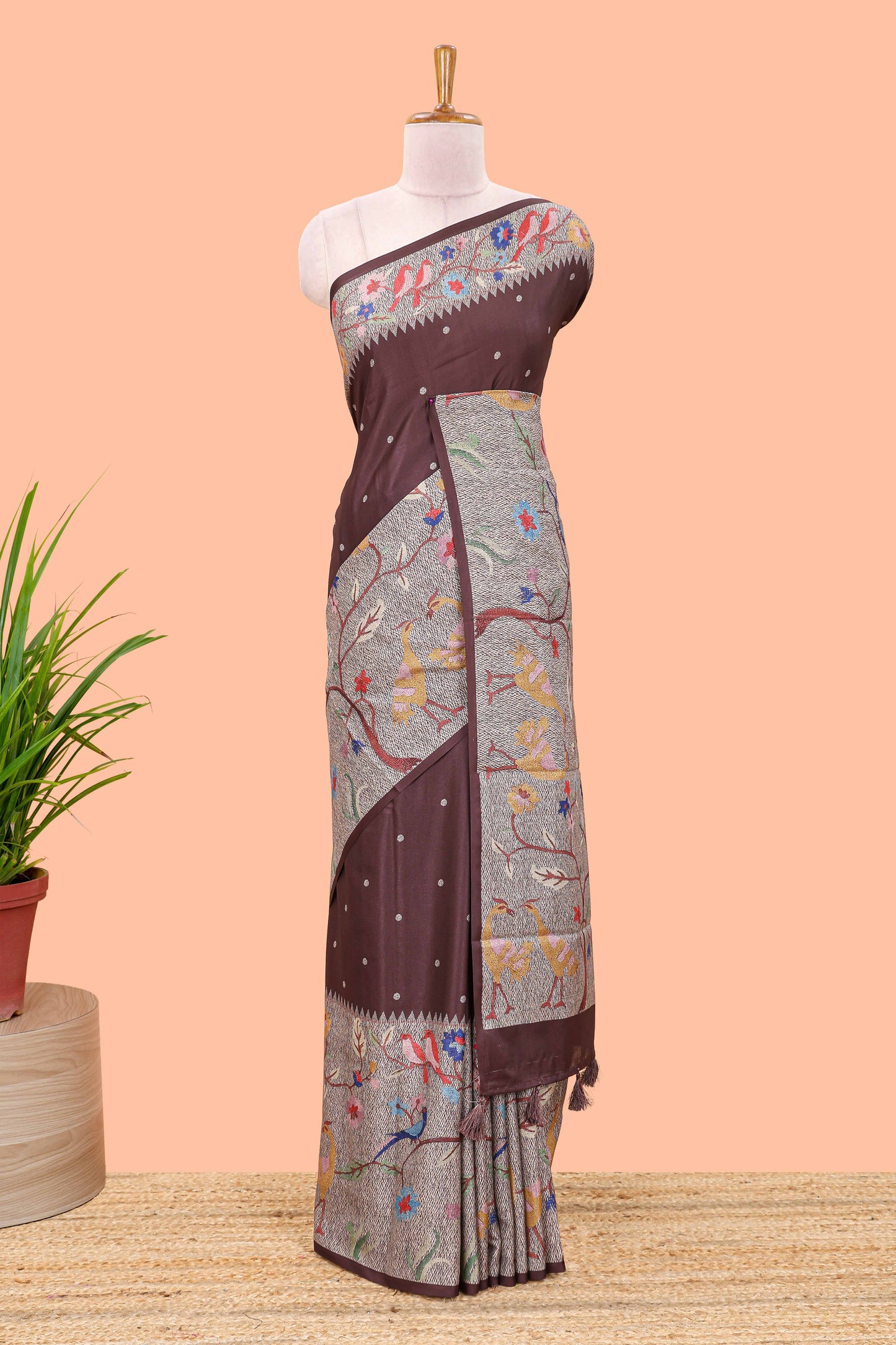 Brown art tussar silk saree with traditional dot print and paithani-style floral and animal motifs