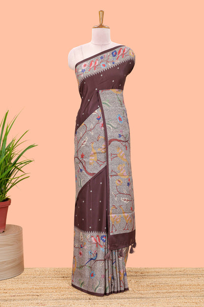 Brown art tussar silk saree with traditional dot print and paithani-style floral and animal motifs