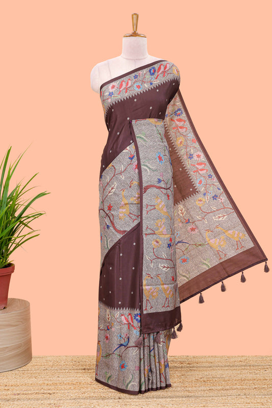 Brown art tussar silk saree with traditional dot print and paithani-style floral and animal motifs