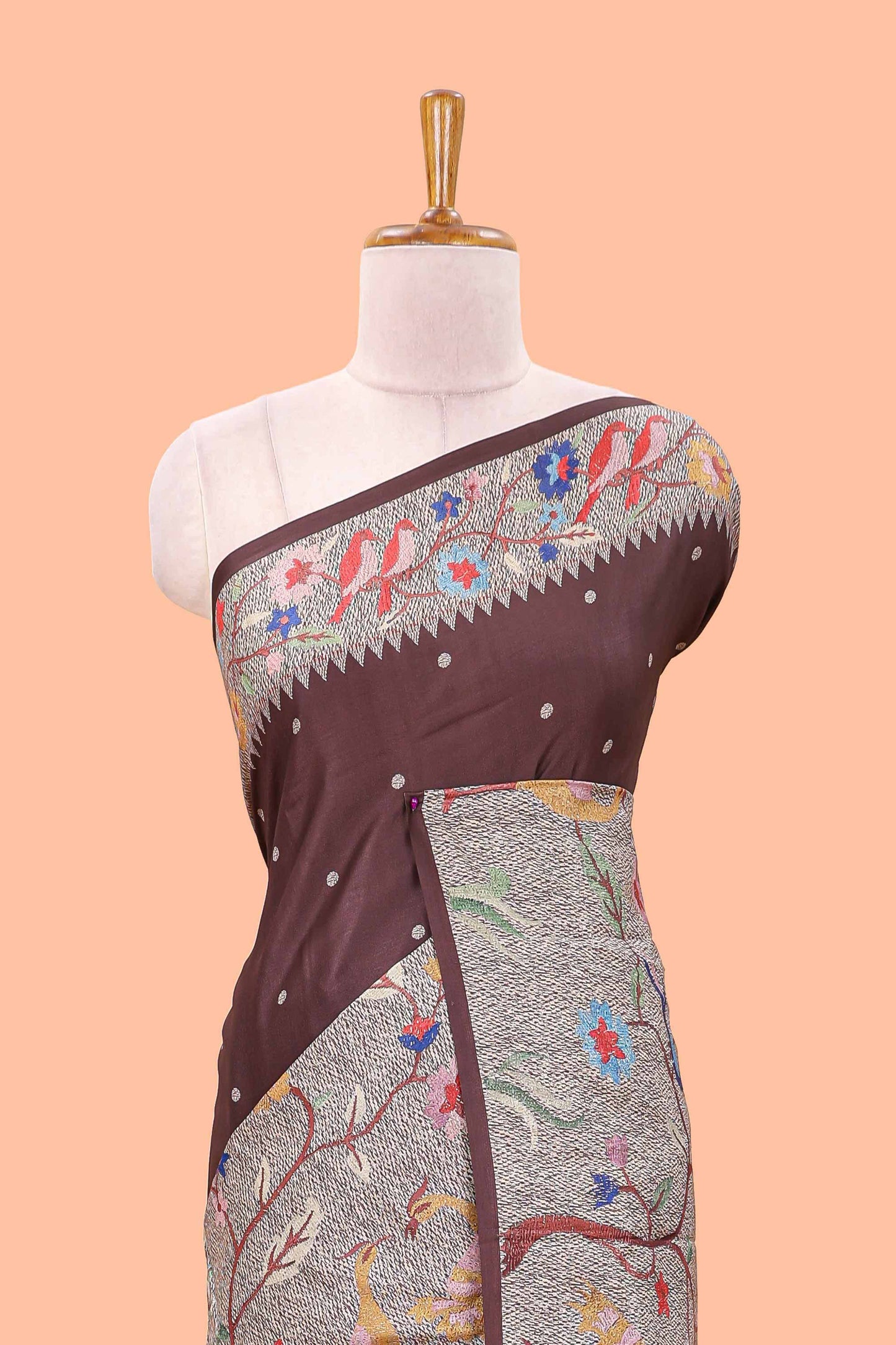 Brown art tussar silk saree with traditional dot print and paithani-style floral and animal motifs
