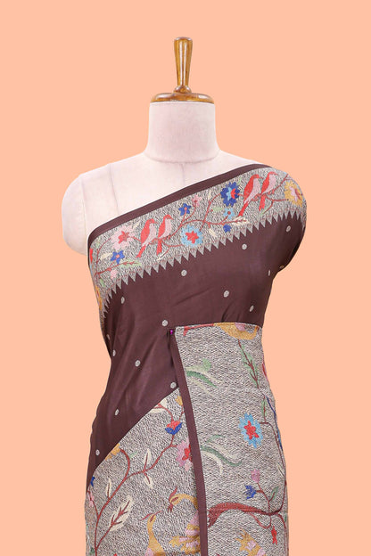 Brown art tussar silk saree with traditional dot print and paithani-style floral and animal motifs