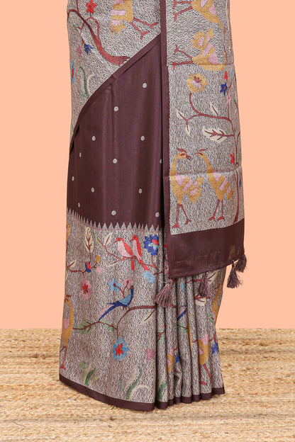 Brown art tussar silk saree with traditional dot print and paithani-style floral and animal motifs
