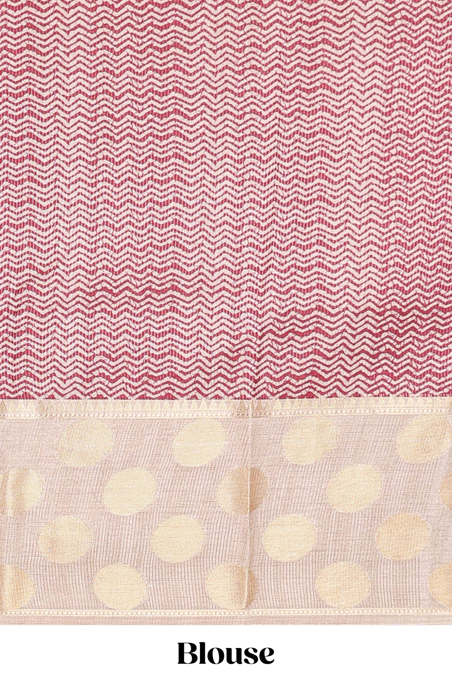 Maroon art tussar saree with plain body, cream coin motif zari border and zig-zag printed pallu