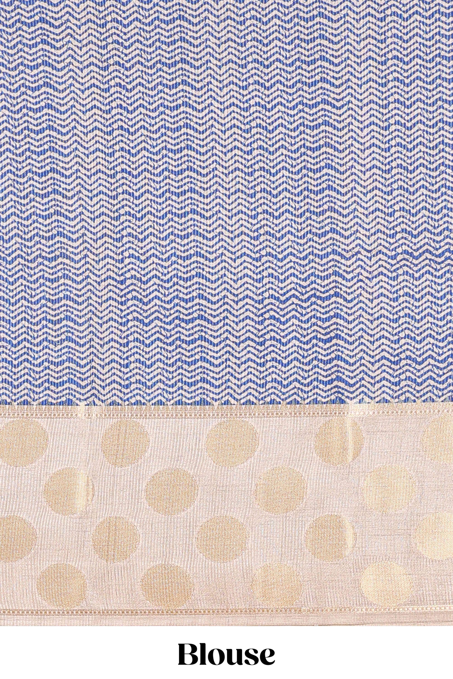 Blue art tussar saree with plain body, cream coin motif zari border and zig-zag printed pallu