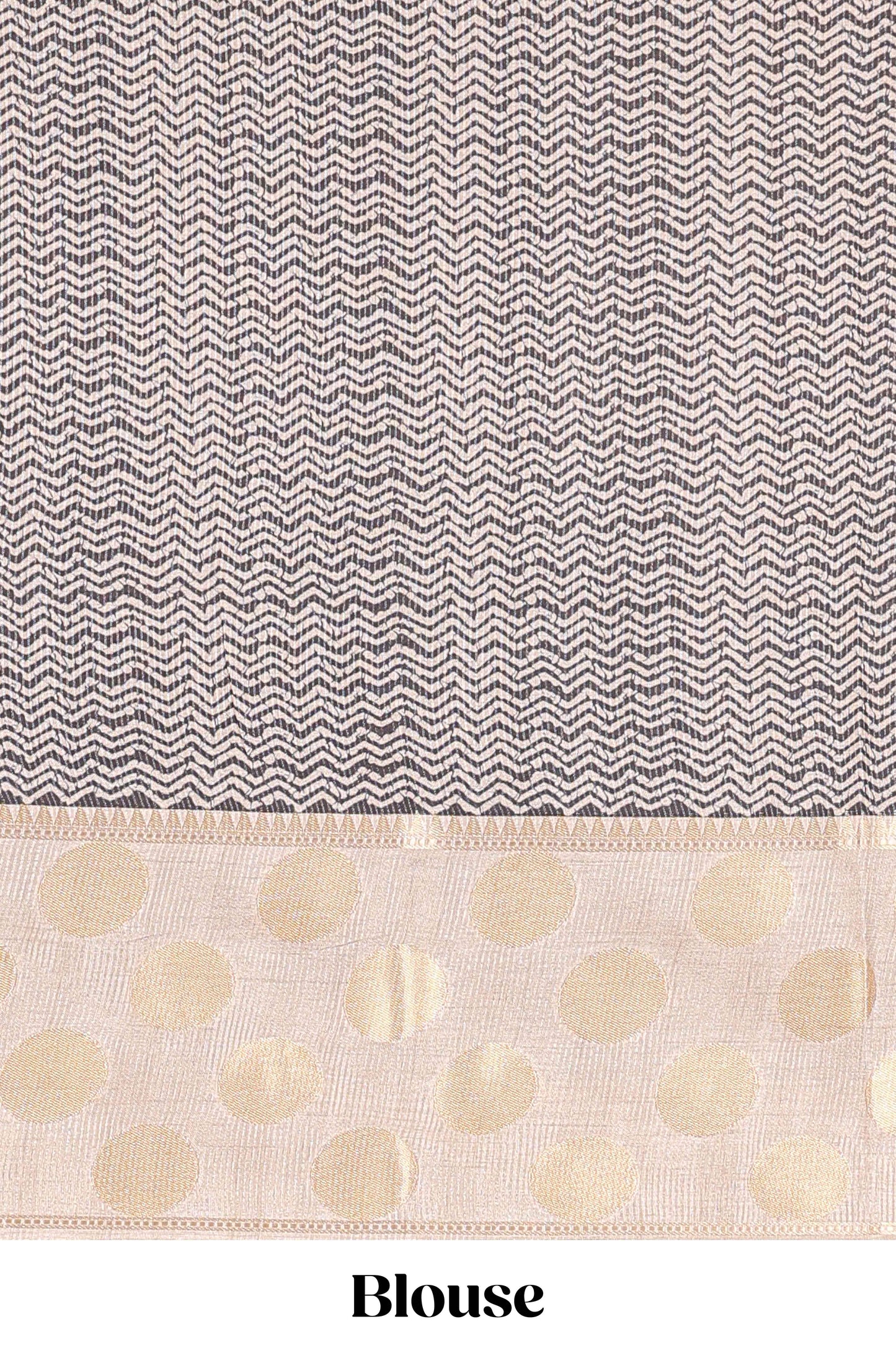 Black art tussar saree with plain body, cream coin motif zari border and zig-zag printed pallu