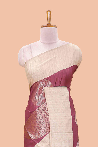 Maroon art tussar saree with large circular zari buttas and contrast cream floral pallu
