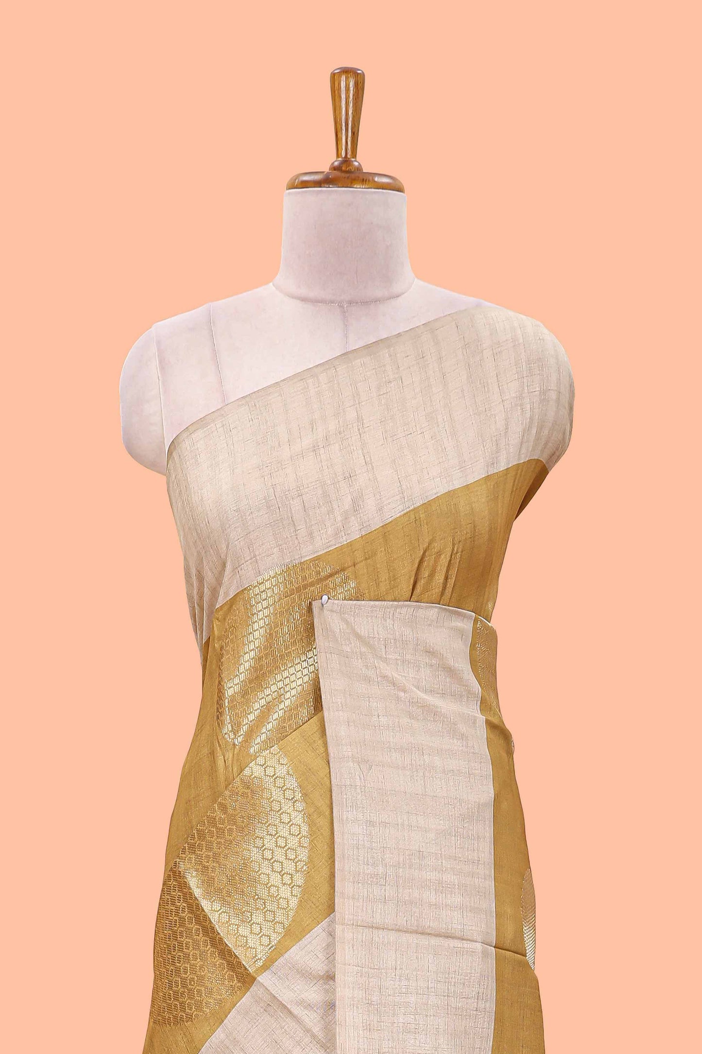 Mustard art tussar saree with large circular zari buttas and contrast cream floral pallu