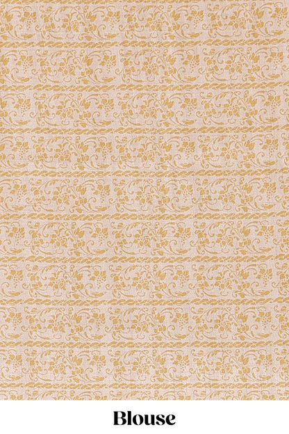 Mustard art tussar saree with large circular zari buttas and contrast cream floral pallu