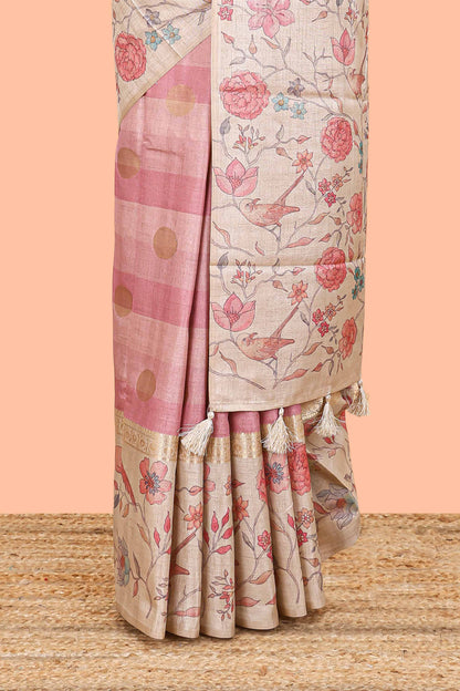 Pink art tussar saree featuring round zari butta body with floral and bird motif printed border and pallu