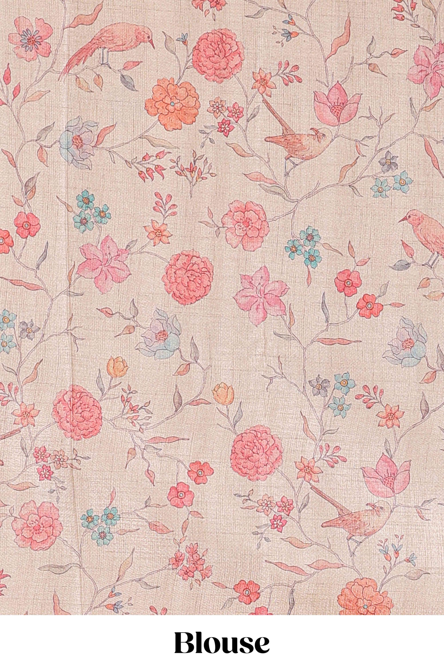 Pink art tussar saree featuring round zari butta body with floral and bird motif printed border and pallu