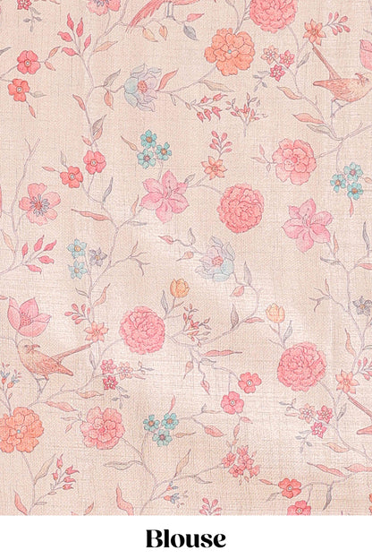 Pista green art tussar saree featuring round zari butta body with floral and bird motif printed border and pallu