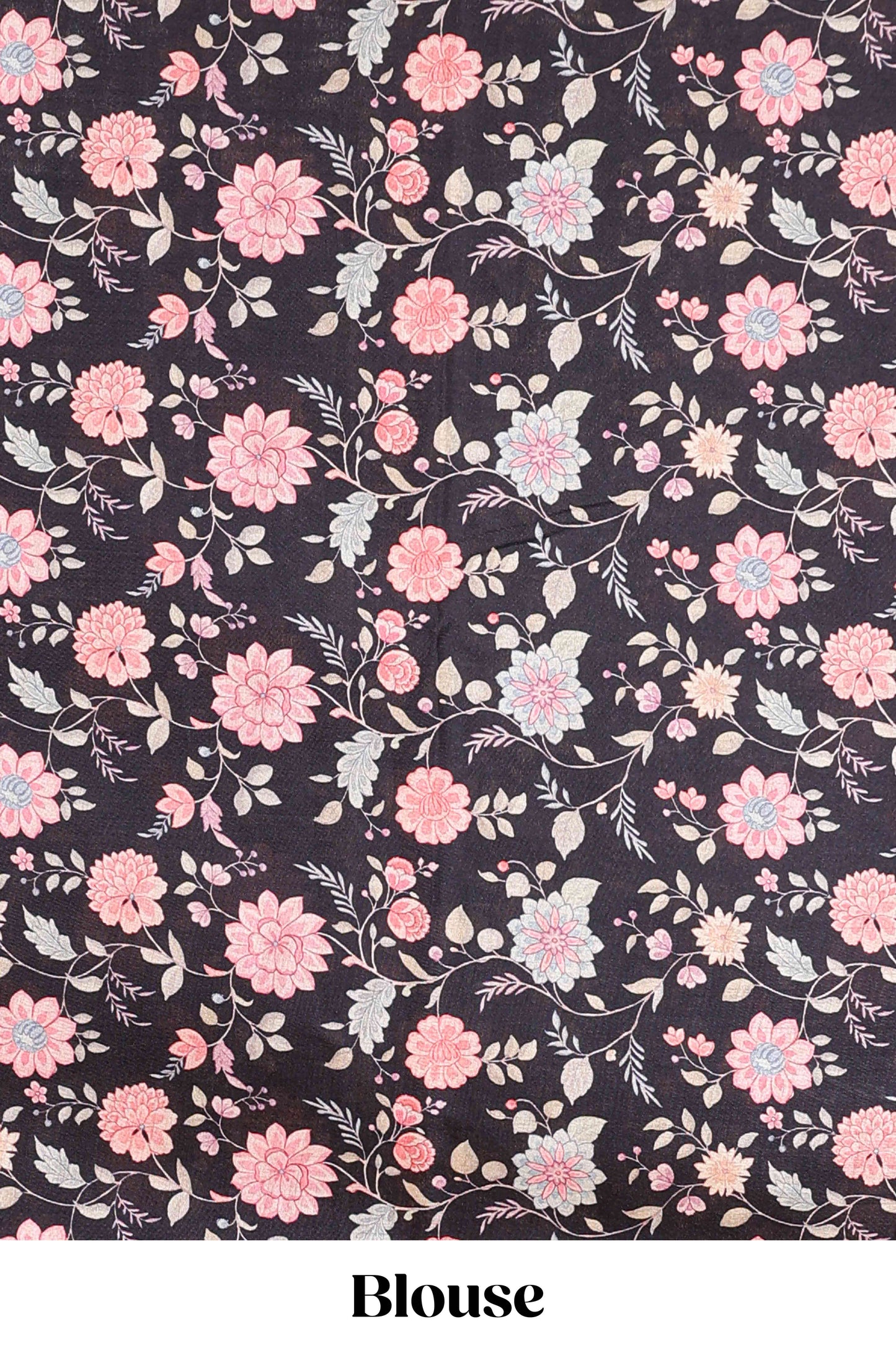 Peach art tussar saree with wave zari weaving body and black floral print border and pallu